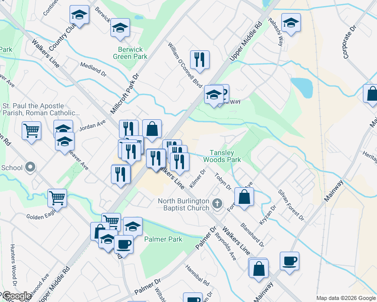 map of restaurants, bars, coffee shops, grocery stores, and more near 4040 Upper Middle Road in Burlington