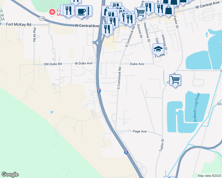 map of restaurants, bars, coffee shops, grocery stores, and more near 1421 Bebeau Lane in Sutherlin