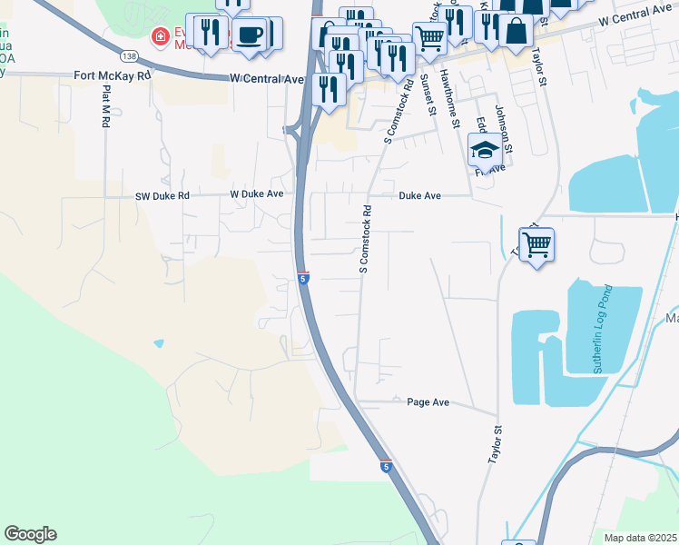 map of restaurants, bars, coffee shops, grocery stores, and more near 819 South Comstock Road in Sutherlin