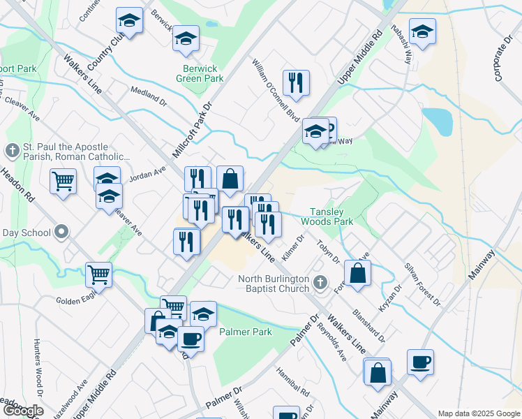 map of restaurants, bars, coffee shops, grocery stores, and more near 4030 Upper Middle Road in Burlington