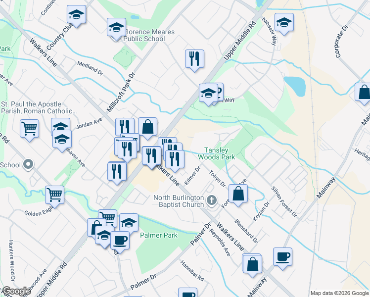 map of restaurants, bars, coffee shops, grocery stores, and more near 4050 Upper Middle Road in Burlington