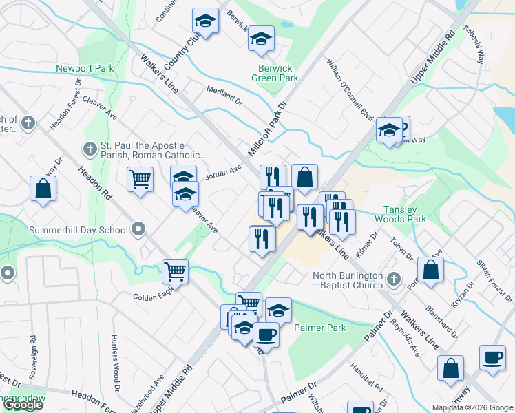 map of restaurants, bars, coffee shops, grocery stores, and more near 2061 Chrisdon Road in Burlington