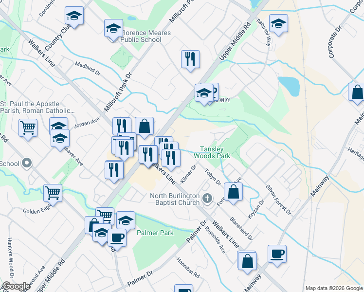 map of restaurants, bars, coffee shops, grocery stores, and more near 4050 Upper Middle Road in Burlington