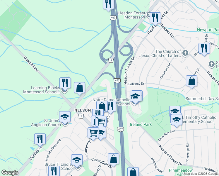 map of restaurants, bars, coffee shops, grocery stores, and more near 3124 Driftwood Drive in Burlington