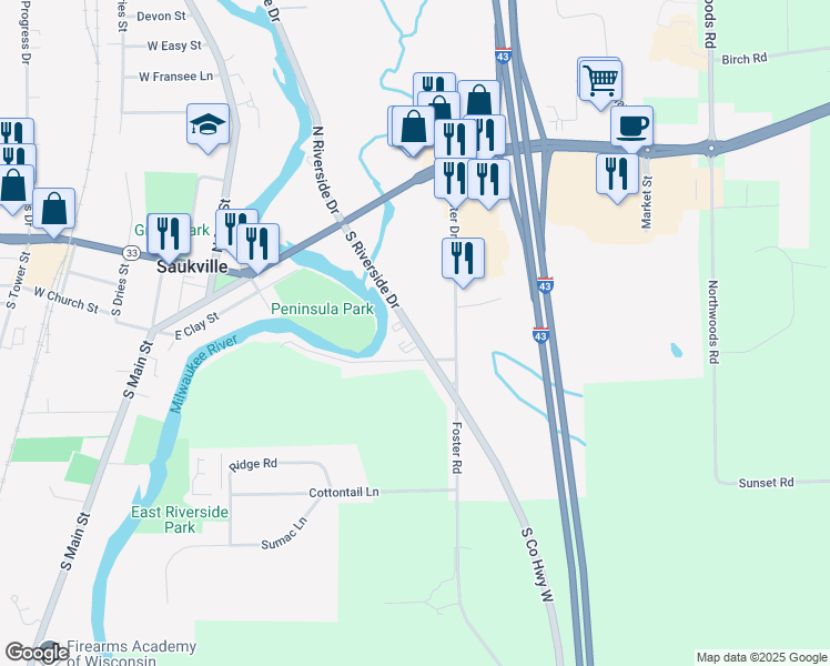 map of restaurants, bars, coffee shops, grocery stores, and more near 270 South Riverside Drive in Saukville