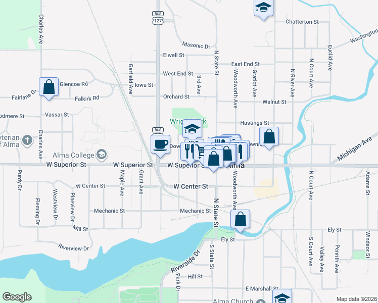 map of restaurants, bars, coffee shops, grocery stores, and more near 215 West Downie Street in Alma