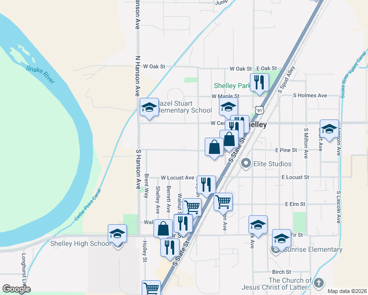map of restaurants, bars, coffee shops, grocery stores, and more near 346 West Pine Street in Shelley