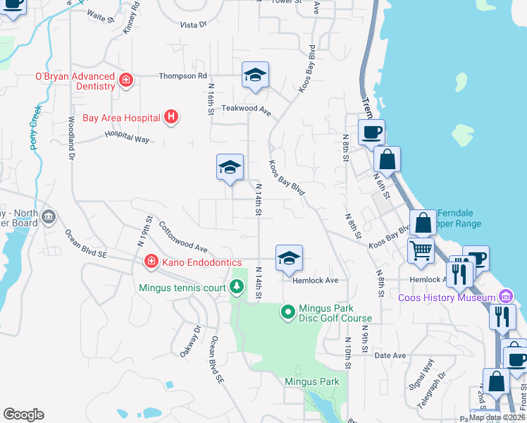 map of restaurants, bars, coffee shops, grocery stores, and more near 1724 North 14th Street in Coos Bay