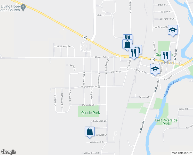 map of restaurants, bars, coffee shops, grocery stores, and more near 229 South Claremont Road in Saukville