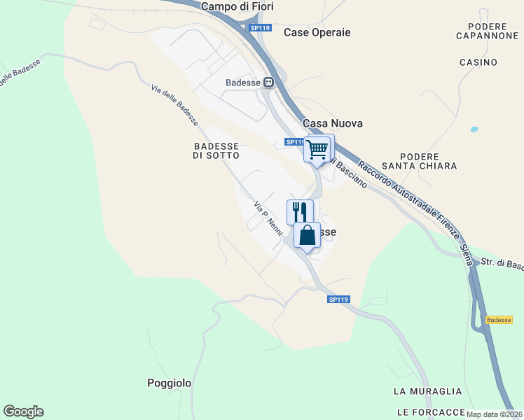 map of restaurants, bars, coffee shops, grocery stores, and more near 66 Via Pietro Nenni in Badesse