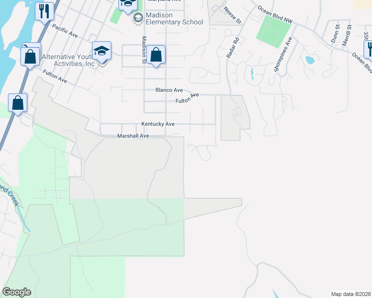 map of restaurants, bars, coffee shops, grocery stores, and more near 1107 Nautical Court in Coos Bay