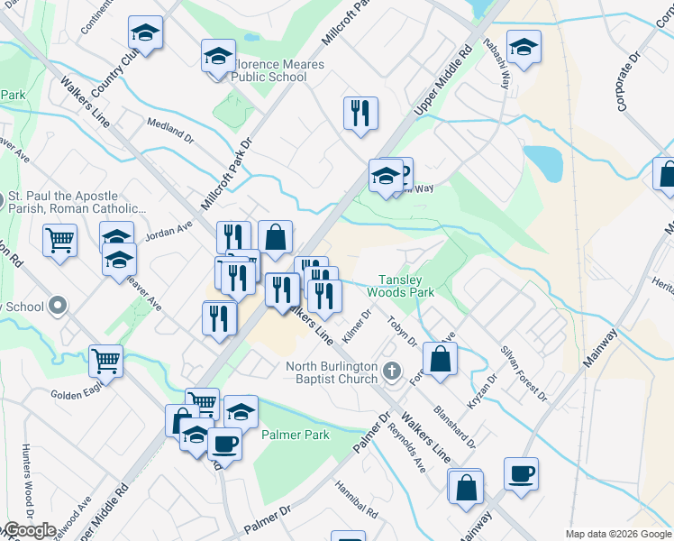 map of restaurants, bars, coffee shops, grocery stores, and more near 4050 Upper Middle Road in Burlington