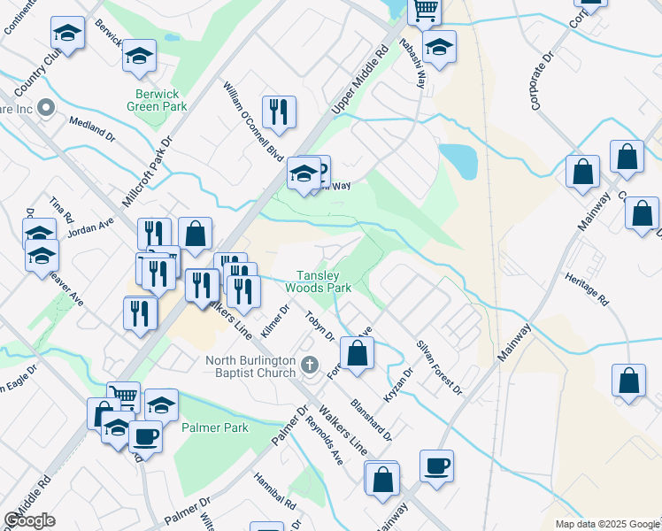 map of restaurants, bars, coffee shops, grocery stores, and more near 4200 Kilmer Drive in Burlington