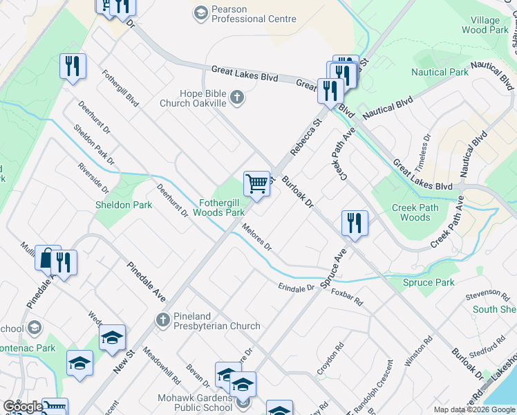 map of restaurants, bars, coffee shops, grocery stores, and more near 5470 Schueller Crescent in Burlington