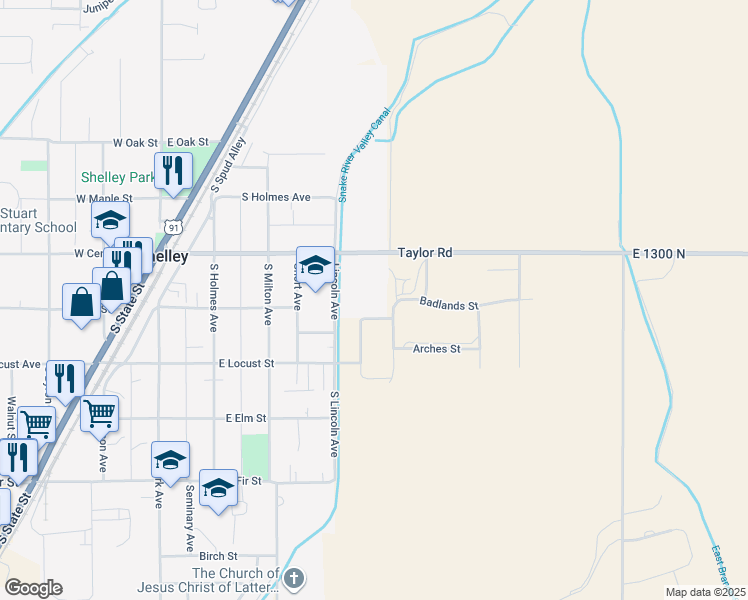 map of restaurants, bars, coffee shops, grocery stores, and more near 458 Center Street in Shelley