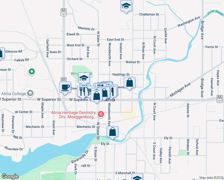 map of restaurants, bars, coffee shops, grocery stores, and more near 426 Woodworth Avenue in Alma