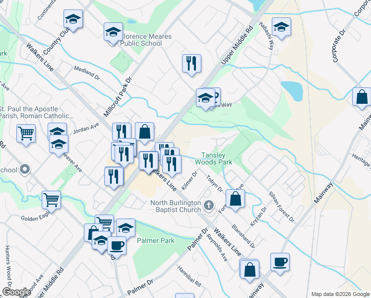 map of restaurants, bars, coffee shops, grocery stores, and more near 4050 Upper Middle Road in Burlington