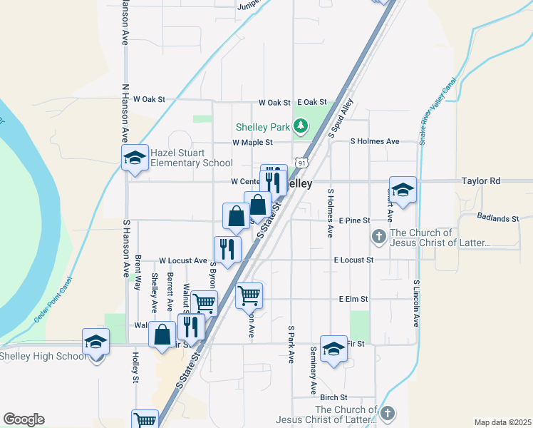 map of restaurants, bars, coffee shops, grocery stores, and more near 190 South State Street in Shelley