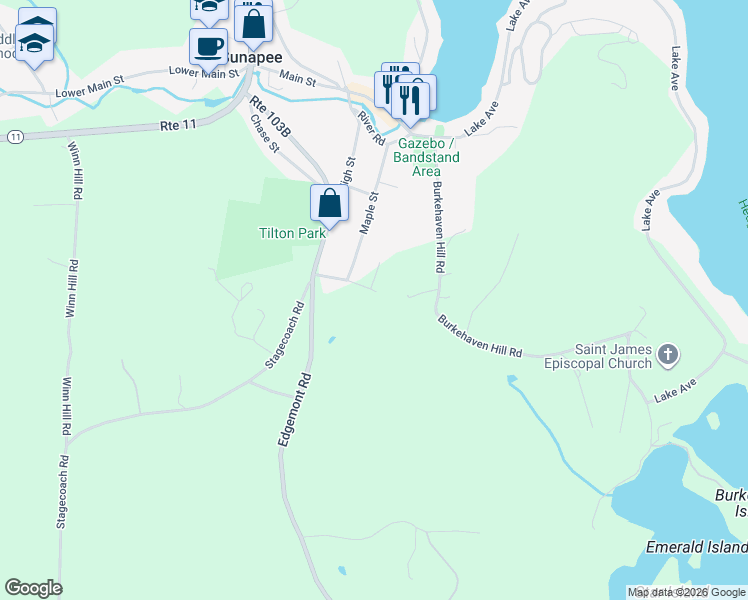 map of restaurants, bars, coffee shops, grocery stores, and more near 28 Beech Street in Sunapee