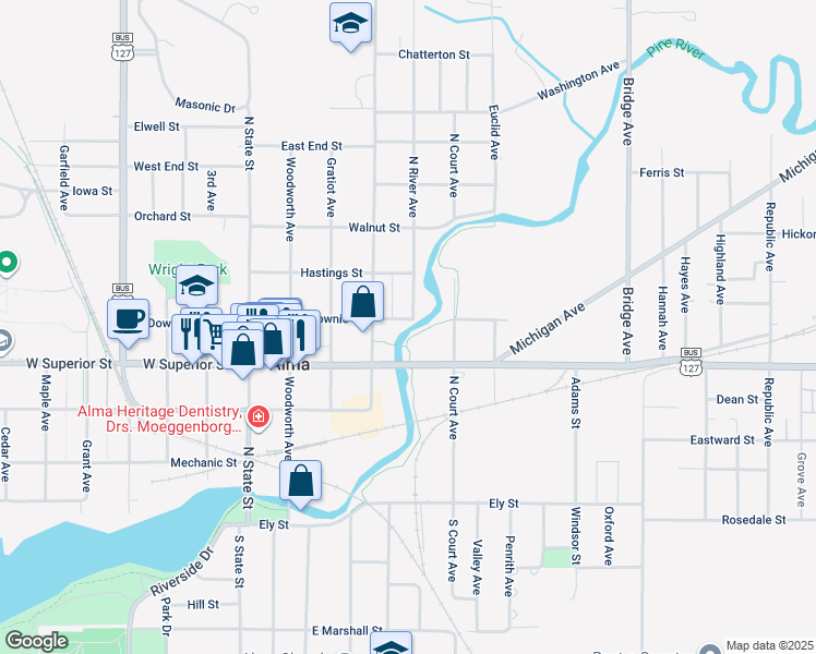 map of restaurants, bars, coffee shops, grocery stores, and more near 426 East Downie Street in Alma