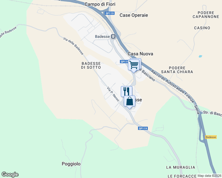 map of restaurants, bars, coffee shops, grocery stores, and more near 66 Via P. Nenni in Badesse