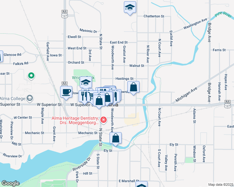map of restaurants, bars, coffee shops, grocery stores, and more near 426 Woodworth Avenue in Alma