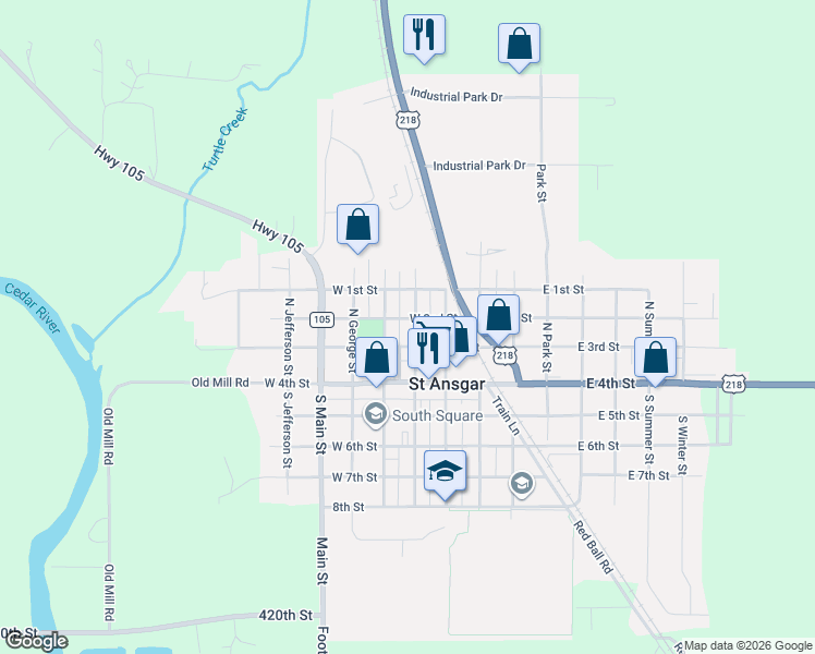 map of restaurants, bars, coffee shops, grocery stores, and more near 200-298 North Mitchell Street in St. Ansgar