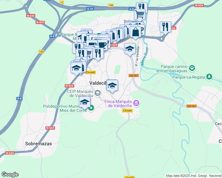 map of restaurants, bars, coffee shops, grocery stores, and more near 39 Paseo Santa María de Cudeyo in Valdecilla