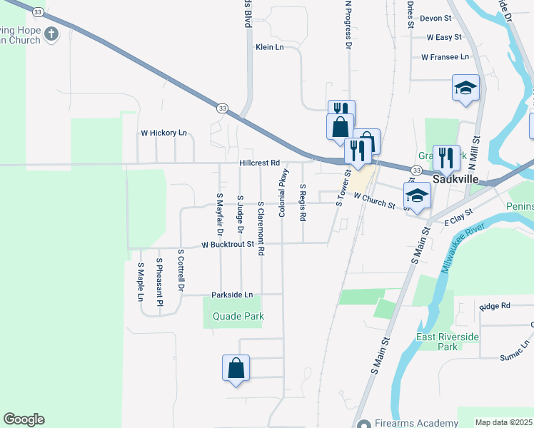 map of restaurants, bars, coffee shops, grocery stores, and more near 229 South Claremont Road in Saukville