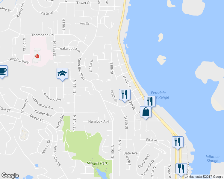 map of restaurants, bars, coffee shops, grocery stores, and more near 1755 North 8th Street in Coos Bay