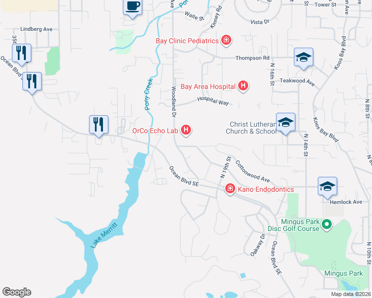 map of restaurants, bars, coffee shops, grocery stores, and more near 2157 Myrtle Avenue in Coos Bay