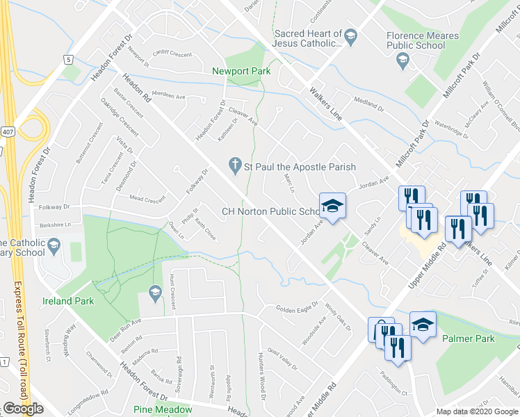 map of restaurants, bars, coffee shops, grocery stores, and more near 2215 Headon Road in Burlington