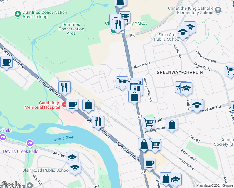 map of restaurants, bars, coffee shops, grocery stores, and more near 23 Wauchope Avenue in Cambridge