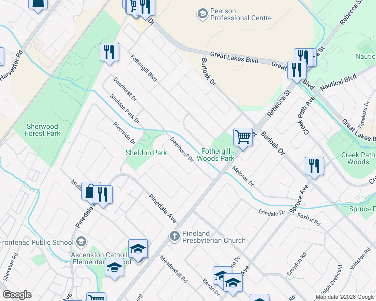 map of restaurants, bars, coffee shops, grocery stores, and more near 507 Deerhurst Drive in Burlington