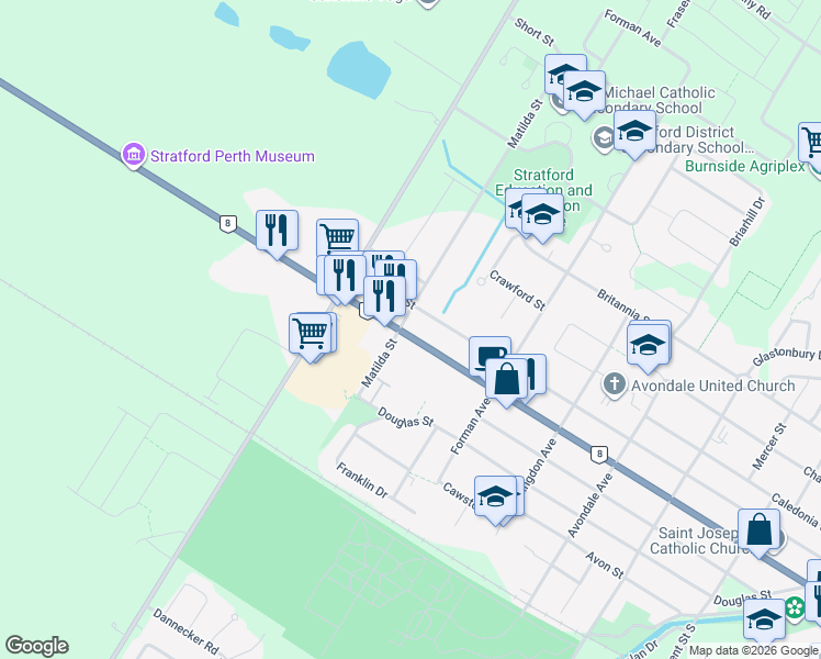 map of restaurants, bars, coffee shops, grocery stores, and more near 516 Highway 8 in Stratford