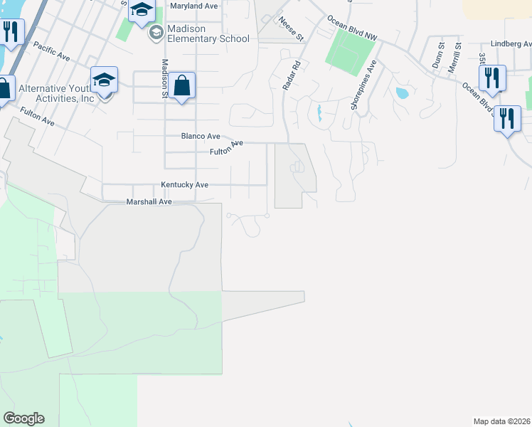 map of restaurants, bars, coffee shops, grocery stores, and more near Nautical Lane in Coos Bay