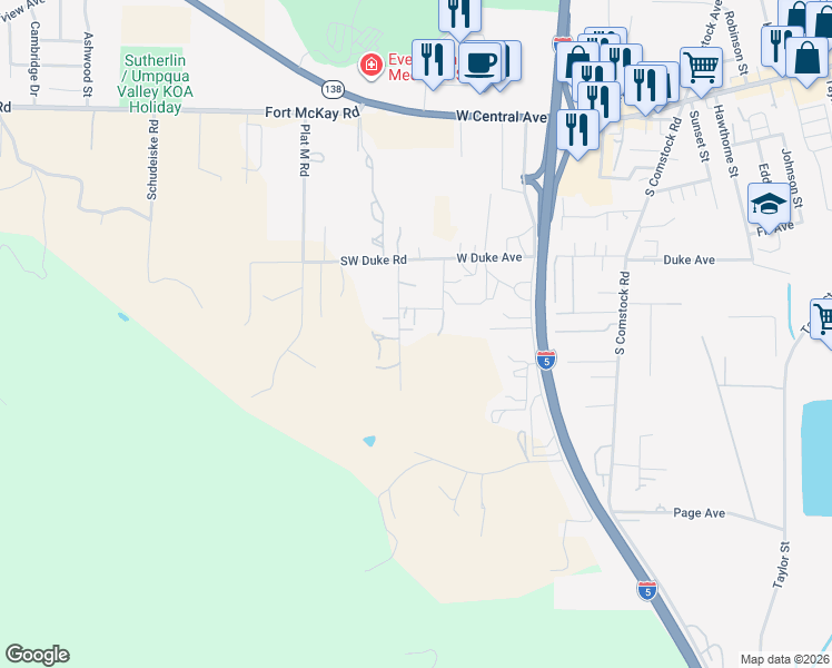 map of restaurants, bars, coffee shops, grocery stores, and more near 842 Fir Grove Lane in Sutherlin