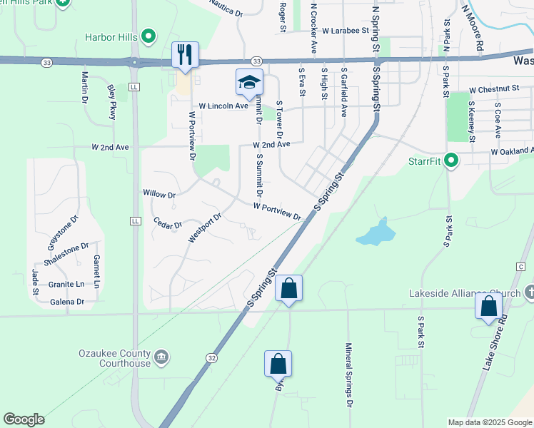 map of restaurants, bars, coffee shops, grocery stores, and more near 1174 West Portview Drive in Port Washington