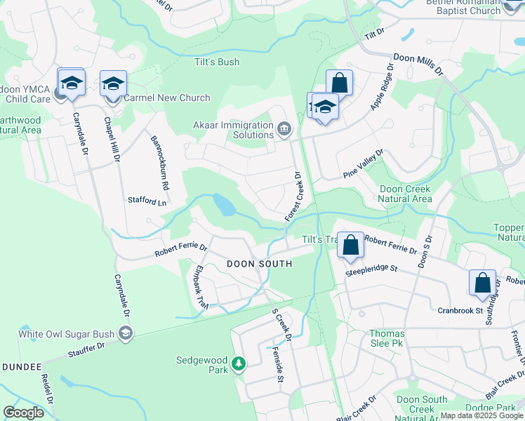 map of restaurants, bars, coffee shops, grocery stores, and more near 39 Doon Creek Street in Kitchener