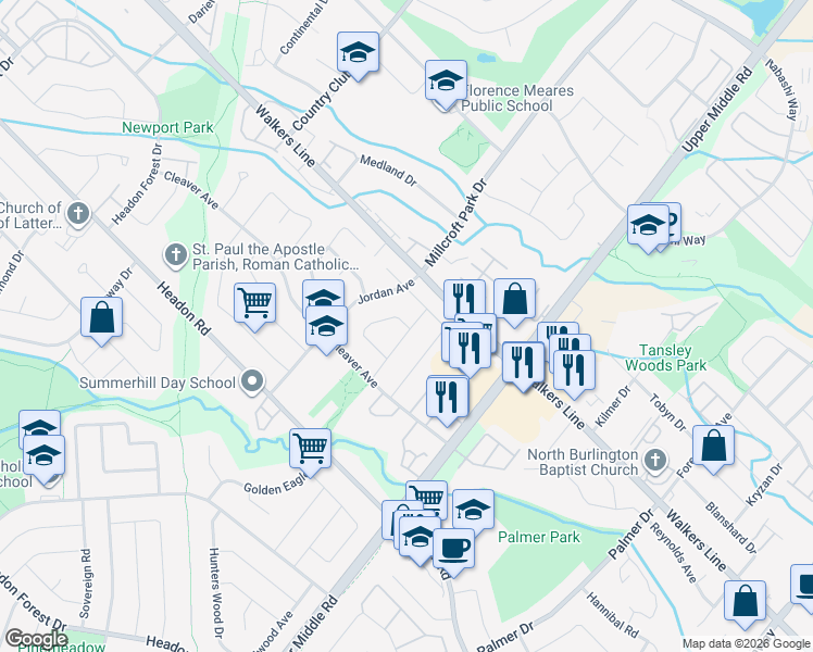map of restaurants, bars, coffee shops, grocery stores, and more near 2153 Salma Crescent in Burlington