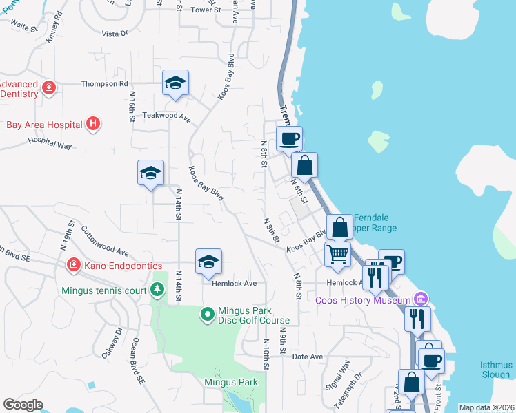 map of restaurants, bars, coffee shops, grocery stores, and more near 1755 North 8th Street in Coos Bay
