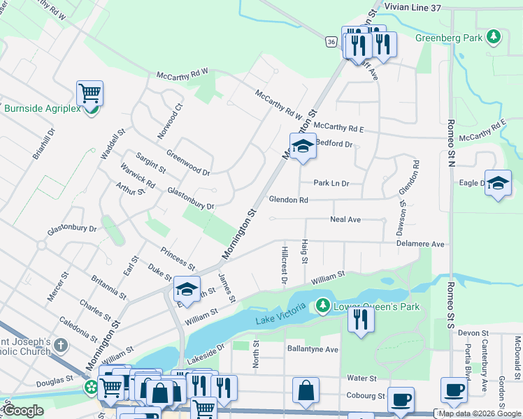 map of restaurants, bars, coffee shops, grocery stores, and more near 409 Mornington Street in Stratford