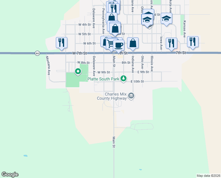 map of restaurants, bars, coffee shops, grocery stores, and more near 2-98 West 11th Street in Platte
