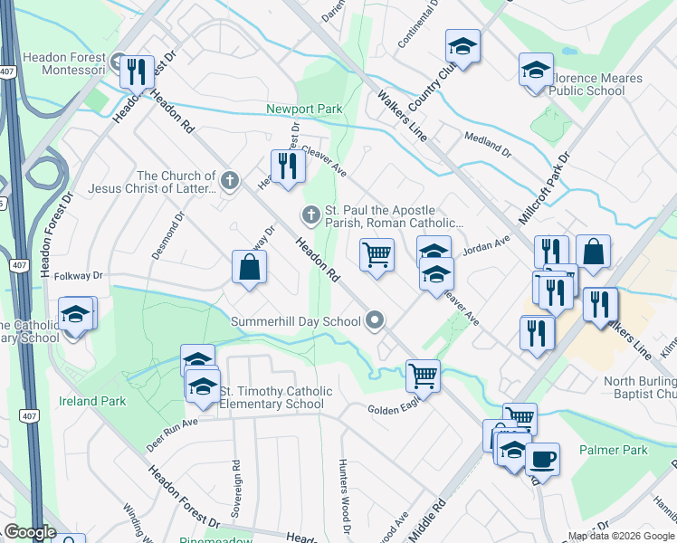 map of restaurants, bars, coffee shops, grocery stores, and more near 2215 Headon Road in Burlington