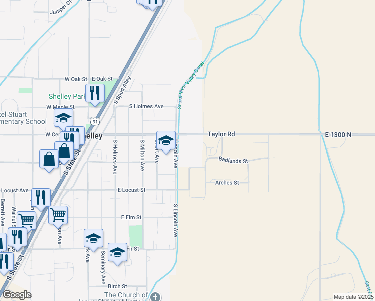 map of restaurants, bars, coffee shops, grocery stores, and more near 458 Center Street in Shelley