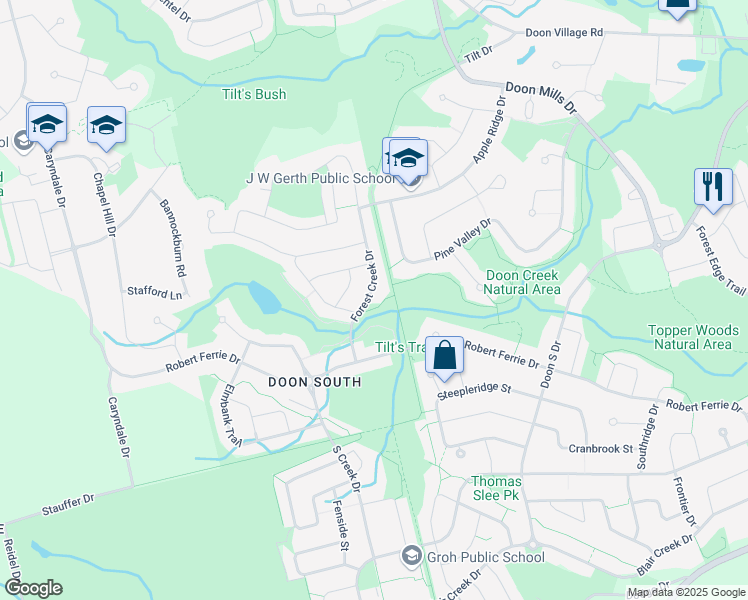 map of restaurants, bars, coffee shops, grocery stores, and more near 54 Forest Creek Drive in Kitchener