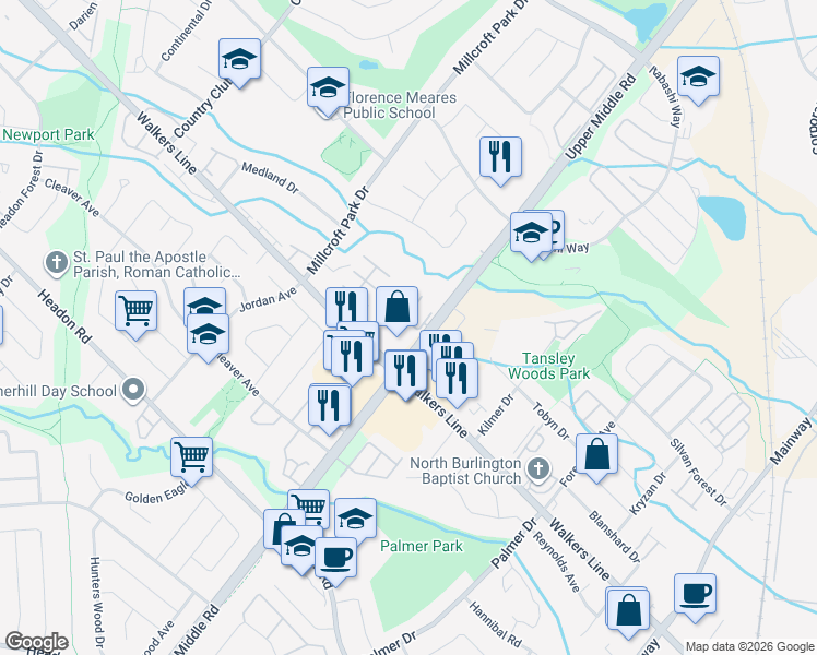 map of restaurants, bars, coffee shops, grocery stores, and more near in Burlington