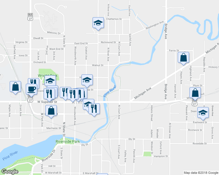 map of restaurants, bars, coffee shops, grocery stores, and more near 426 East Downie Street in Alma