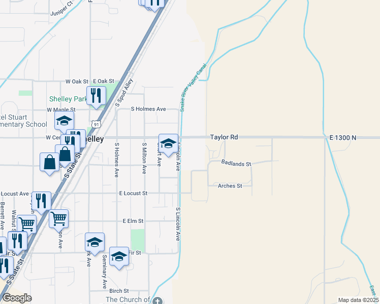 map of restaurants, bars, coffee shops, grocery stores, and more near 458 Center Street in Shelley