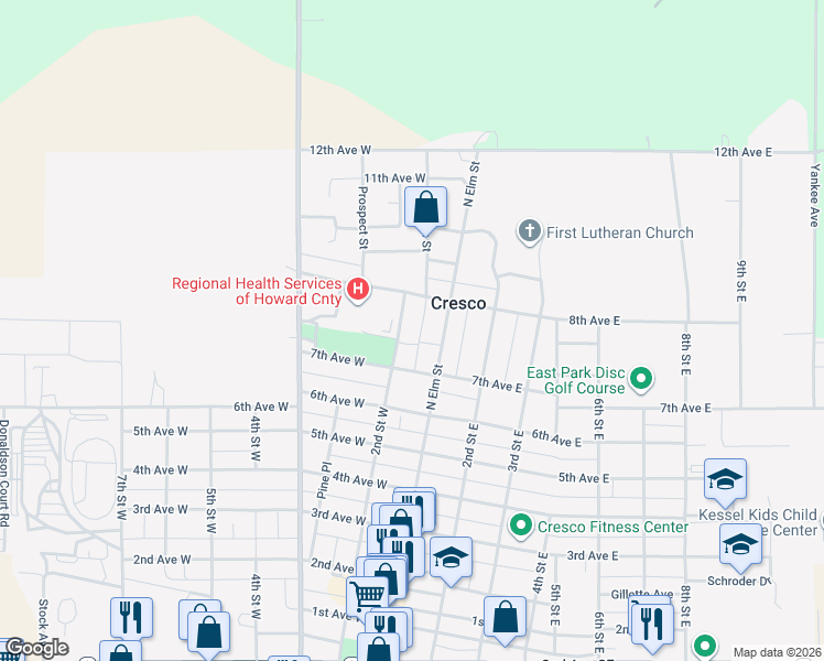 map of restaurants, bars, coffee shops, grocery stores, and more near 700-738 2nd Street West in Cresco